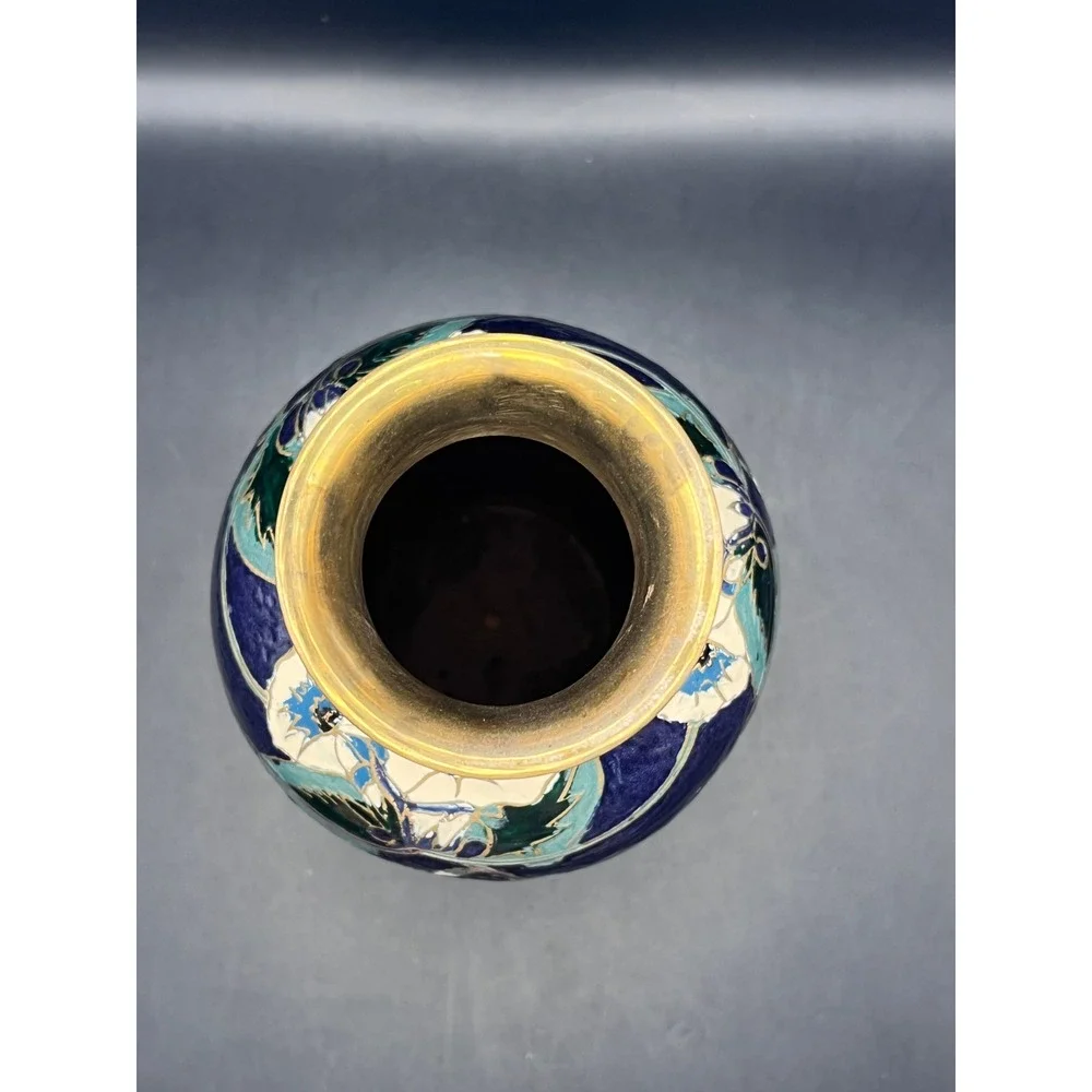 Vtg Cloisonne Enameled Indian Brass Vase‎ Cobalt Blue 8